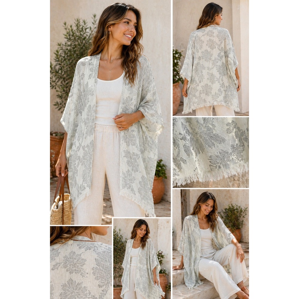 Lucky Brand Floral Kimono Boho OS Lightweight Jacquard Fringe Open Cardigan